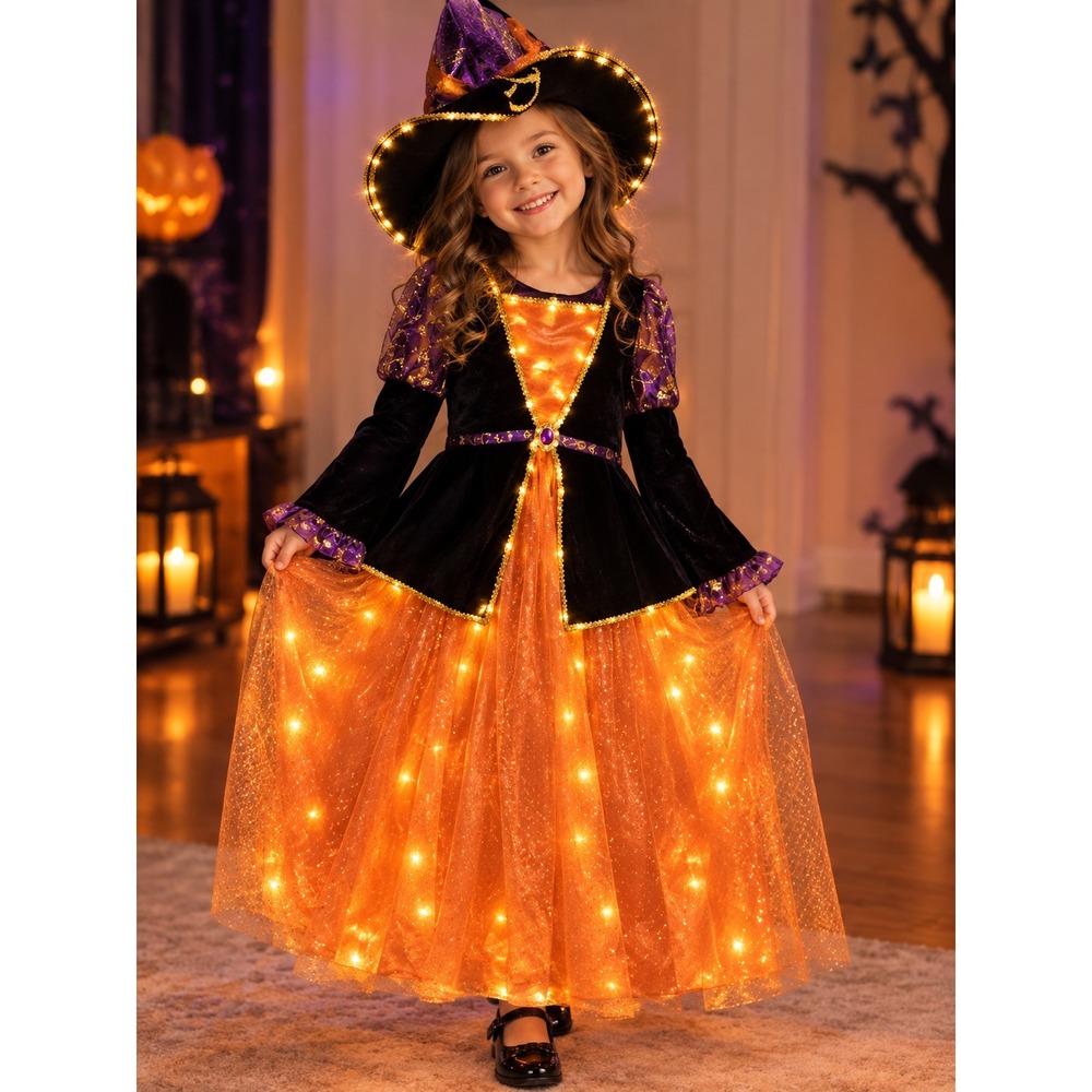 Youth 10-12 Light Up Velvet Purple & Orange Witch Costume Halloween Trick Treat